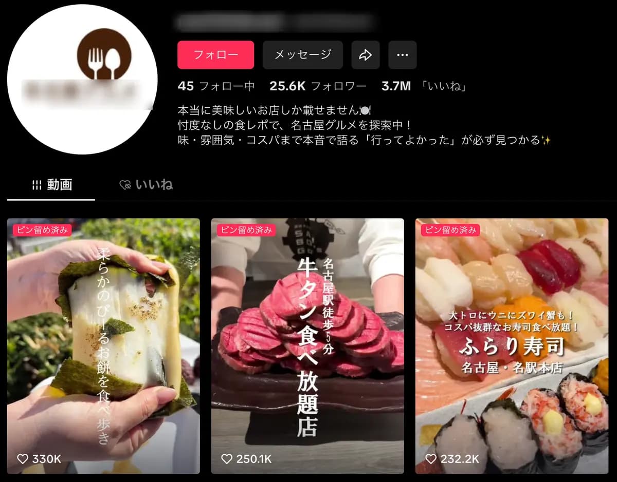 TikTok【地域特化(名古屋)グルメアカウント】25,600フォロワー