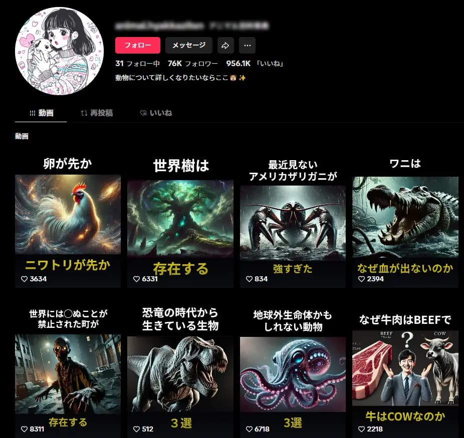 【TikTok広告収益累計70万&フォロワー7万人】1日20分の作業でOK！／属人性ナシ／ 雑学動物アニマルペット