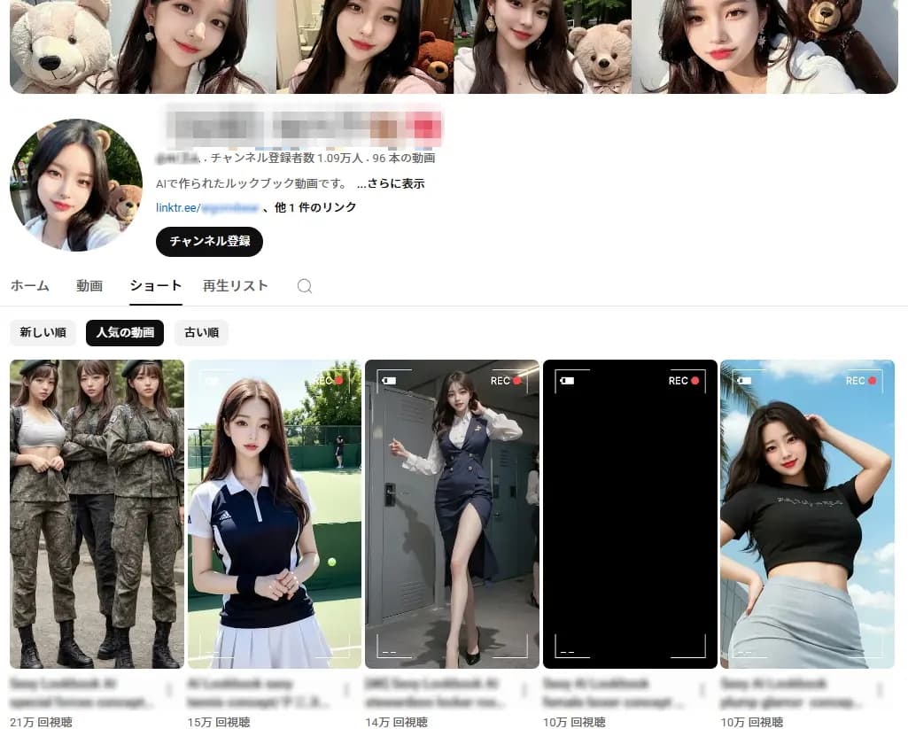 YouTube / AI美女ルックブック / 1.09万登録 / 完全自動生成フロー